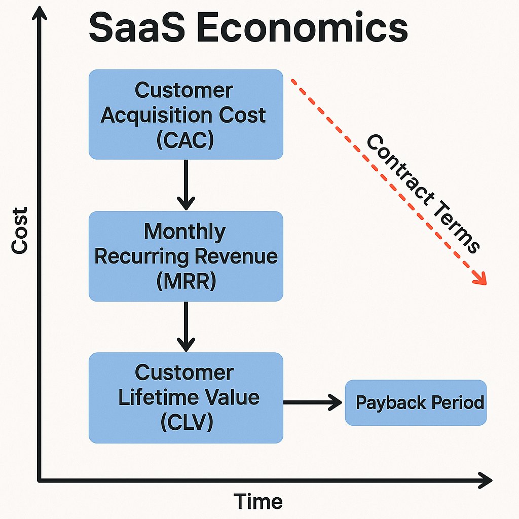 SaaS economics showing relationship between CAC, MRR, CLV and contract terms